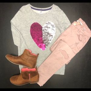 Girls grey sequin pink  jean brown booties set